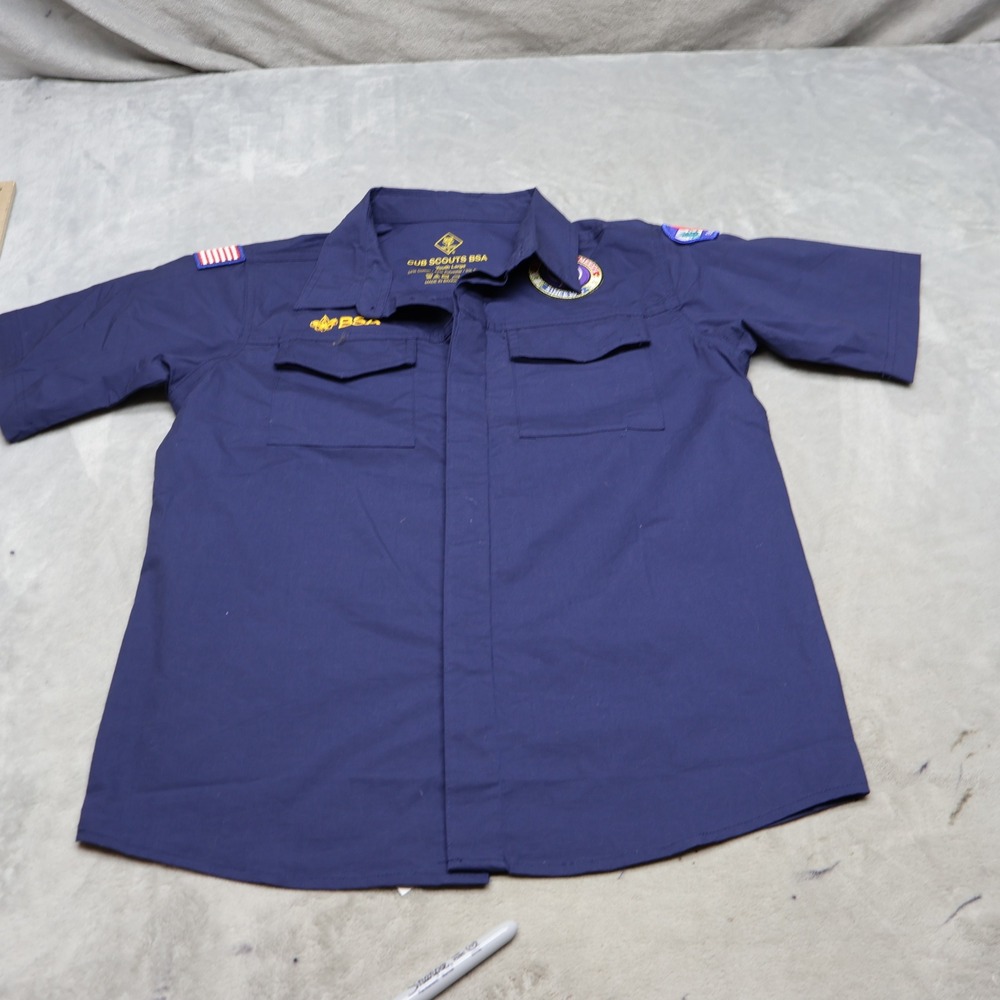 Cub Scouts BSA Shirt Youth Large Blue Scouting Uniform Short Sleeve‎ Button Up